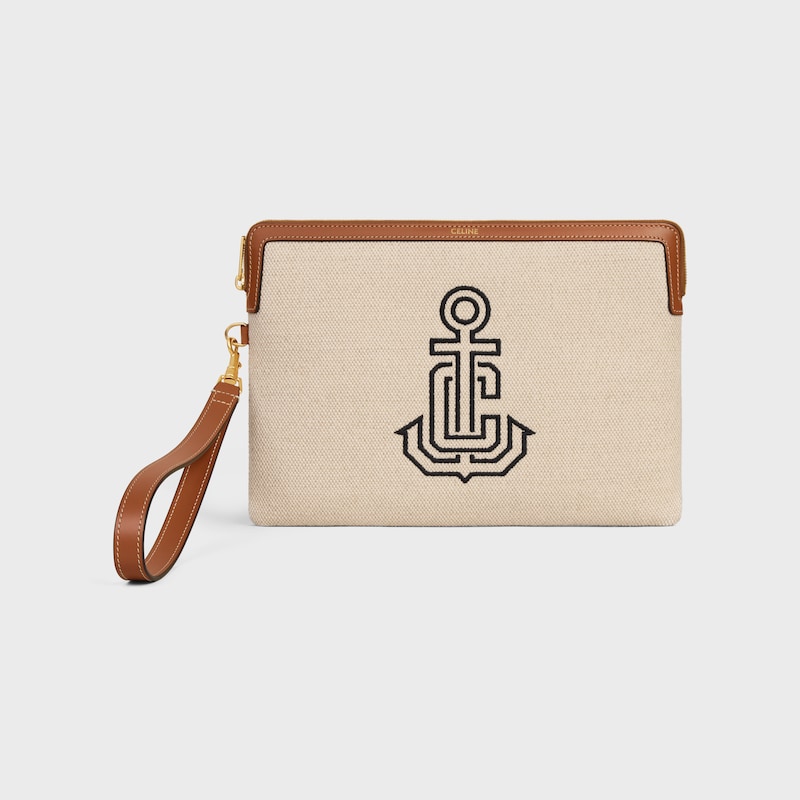 petite pochette À bandouliÈre en textile avec broderie dancre et peau de veau