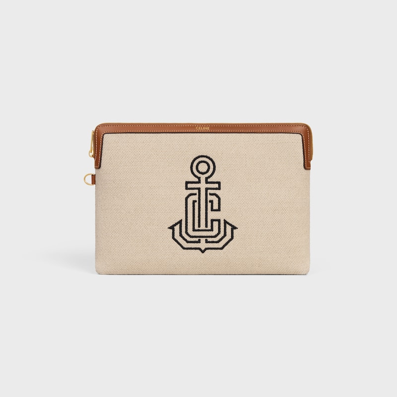 petite pochette À bandouliÈre en textile avec broderie dancre et peau de veau