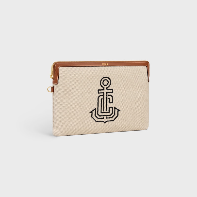 petite pochette À bandouliÈre en textile avec broderie dancre et peau de veau