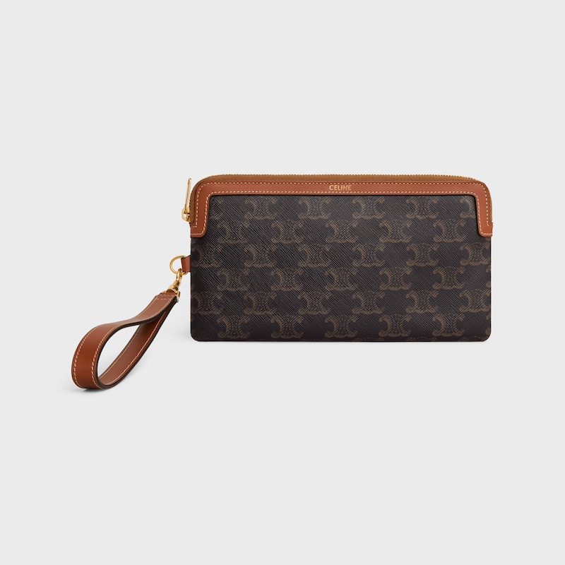 pochette longue à bandoulière en toile triomphe et cuir de veau