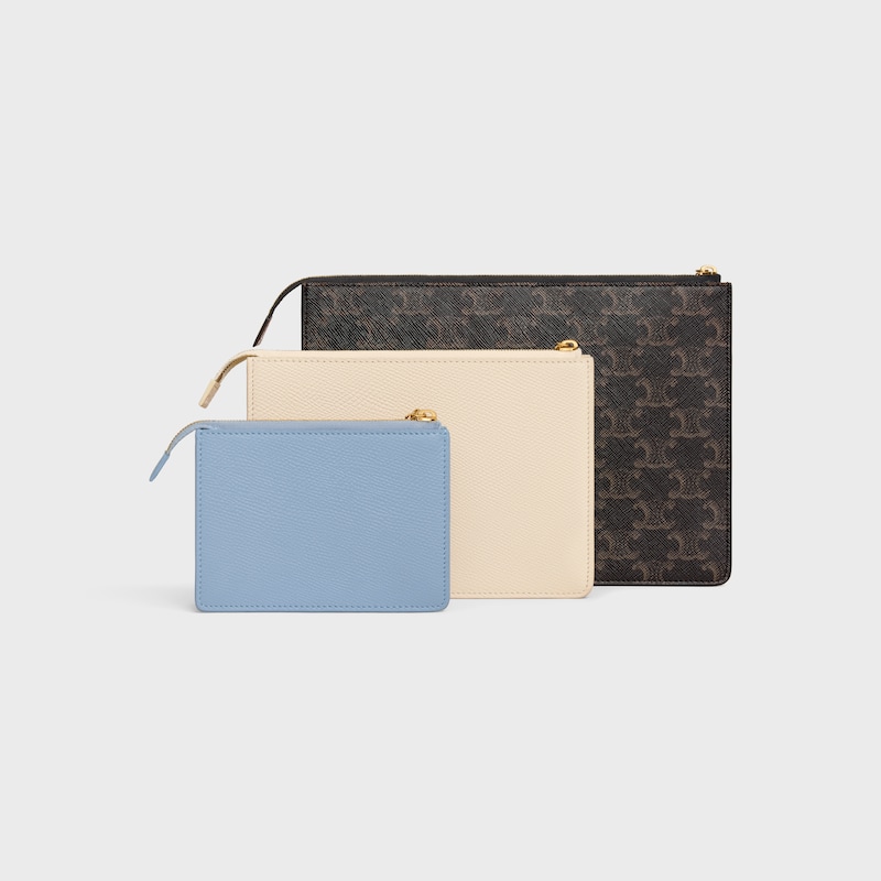 ensemble de trois pochettes pour charmes triomphe en toile triomphe et cuir de veau grainÉ