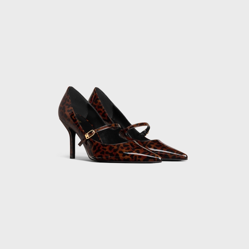 escarpin à brides celine judy en veau verni imprimé léopard