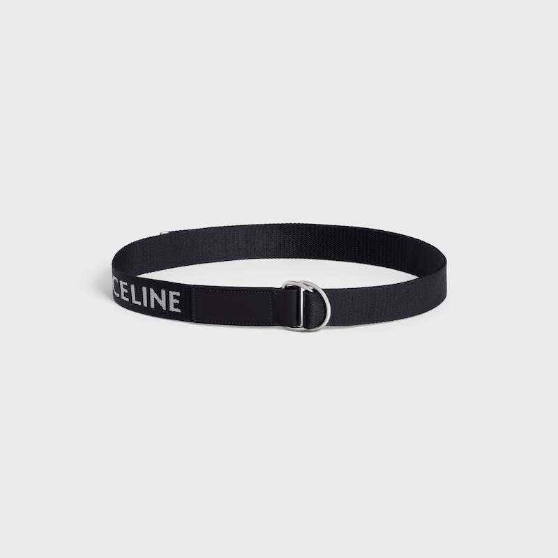 ceinture à double anneau de 30 mm en jacquard et cuir de veau.