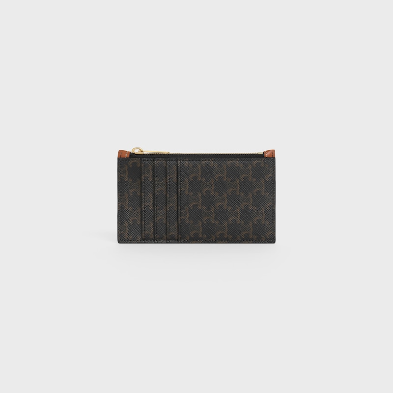 porte-cartes compact zippé en toile triomphe et cuir dagneau