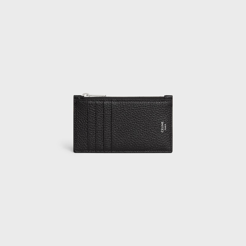 porte-cartes compact zippé en cuir de veau grainé