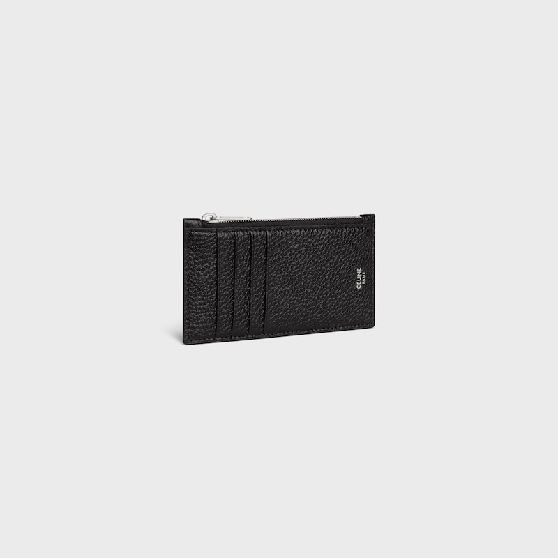 porte-cartes compact zippé en cuir de veau grainé