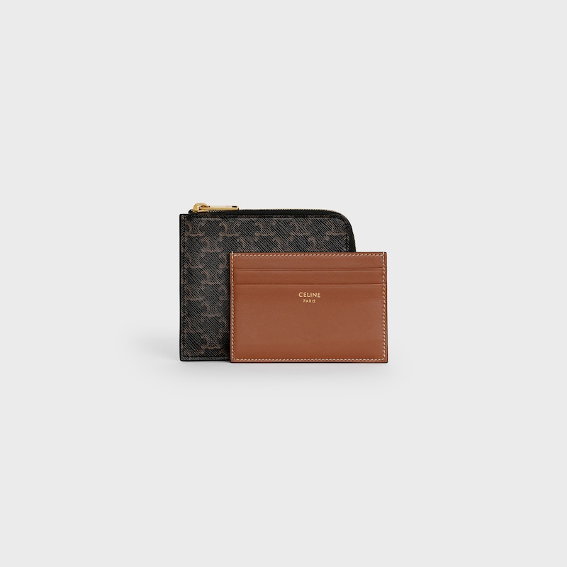 pochette zippée avec porte-cartes en toile triomphe et cuir dagneau