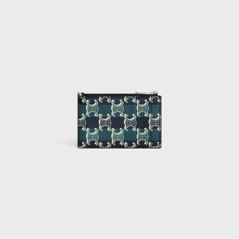 porte-cartes zippé en toile triomphe rayée et peau dagneau