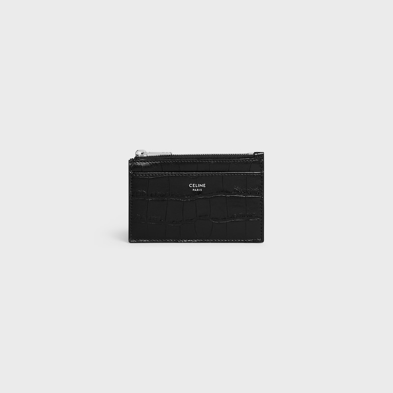 porte-cartes zippé en cuir de veau gaufré façon crocodile
