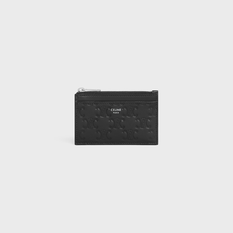 porte-cartes zippé en cuir de veau avec motif triomphe en relief
