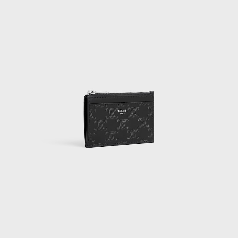 porte-cartes zippé en cuir de veau avec motif triomphe en relief