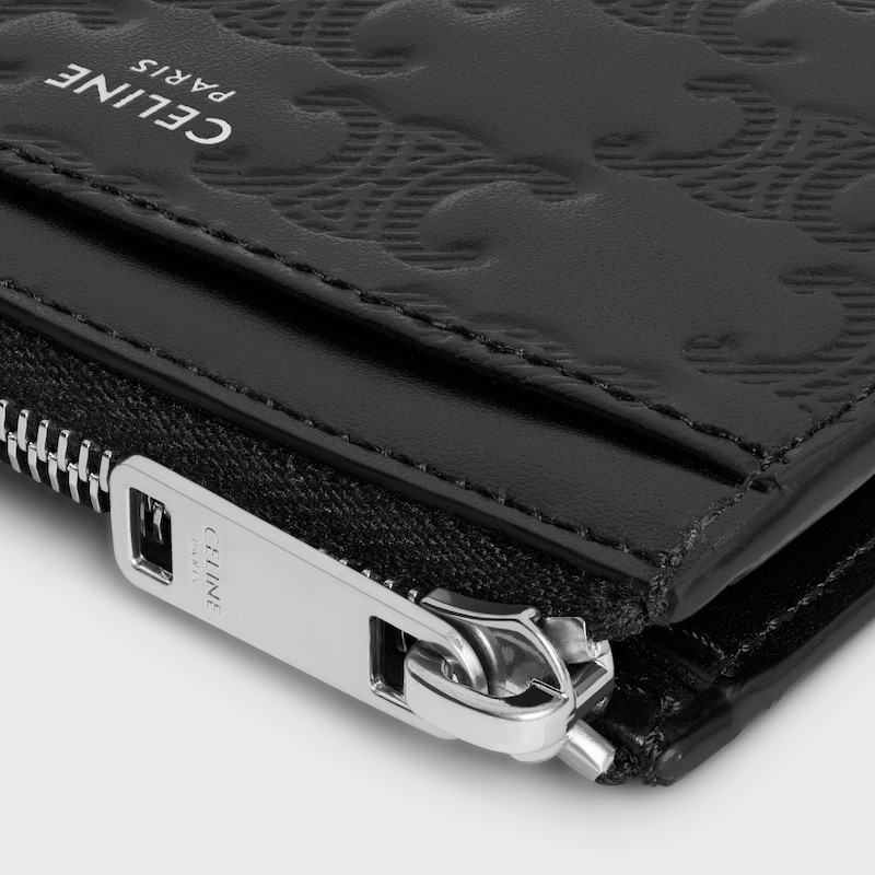 porte-cartes zippé en cuir de veau avec motif triomphe en relief